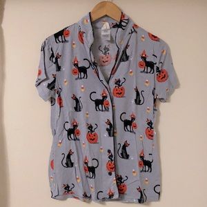 Halloween Black Cat Pumpkin Pajama Top Size Small